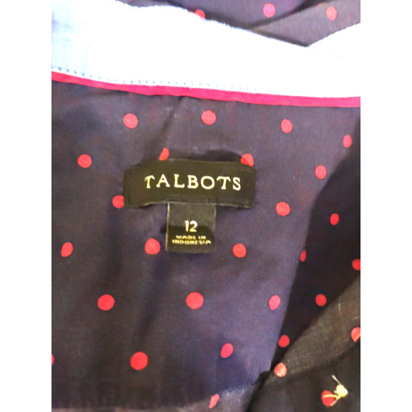 Talbots Women's Shirt Size 12 Roll Tab Cotton Navy Blue Red Polka Dot - Picture 6 of 10